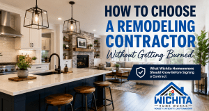 Modern remodeled kitchen and living room in a Wichita home featuring bold text about choosing a remodeling contractor, alongside Wichita Home Works branding and homeowner guidance messaging.