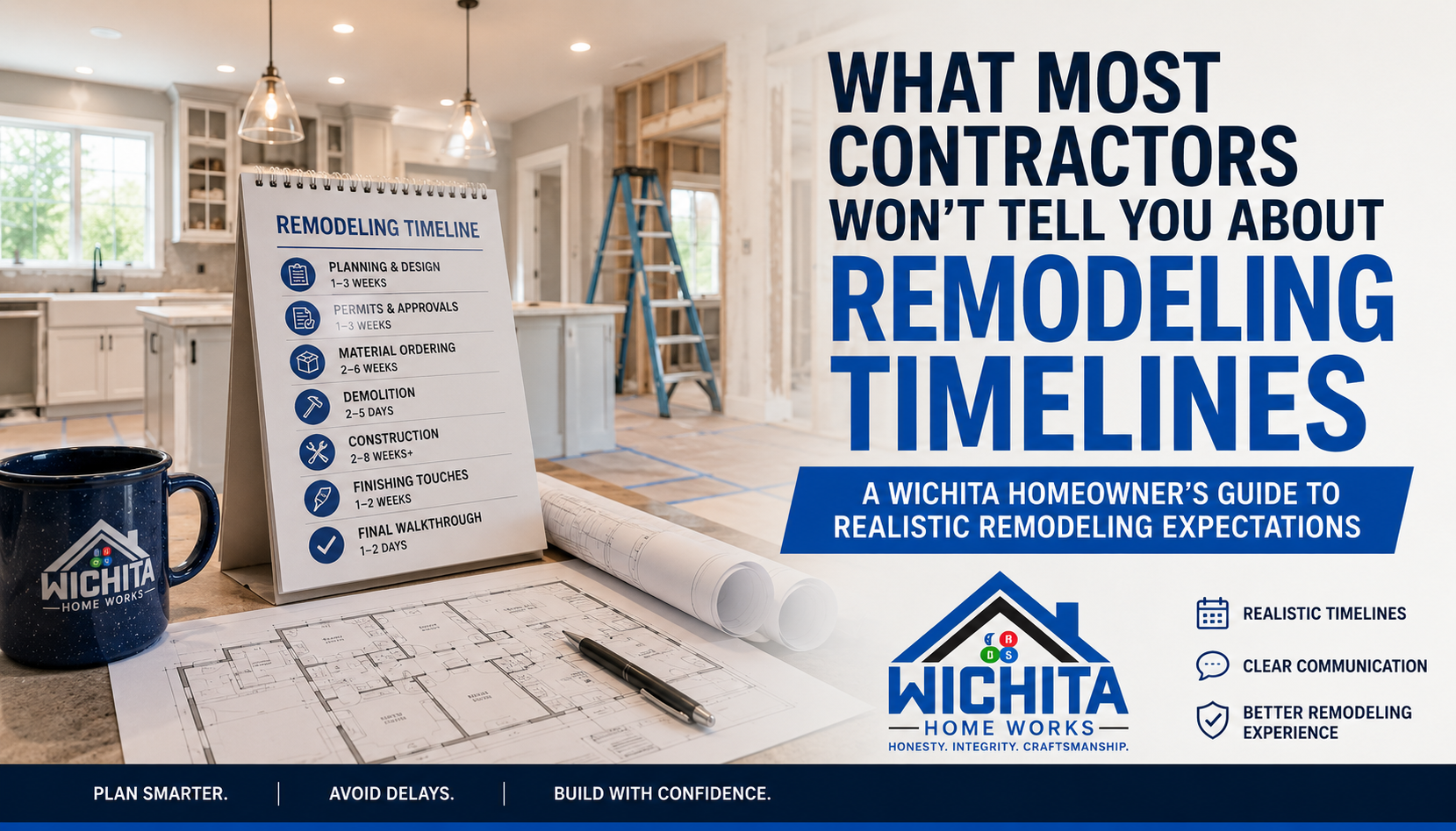 Wichita Home Works remodeling timeline graphic showing a kitchen renovation in progress, project plans, timeline checklist, and guidance for realistic remodeling expectations.