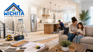 Wichita Home Works remodeling while living at home featured image showing a family relaxing in a living room while a kitchen renovation is underway, with tools, protective floor coverings, and the Wichita Home Works logo.
