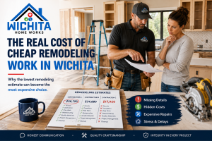 Wichita Home Works featured image for an article about the real cost of cheap remodeling work in Wichita, showing a contractor and homeowner reviewing plans during a kitchen renovation with remodeling tools, unfinished cabinetry, and branded homeowner guidance.
