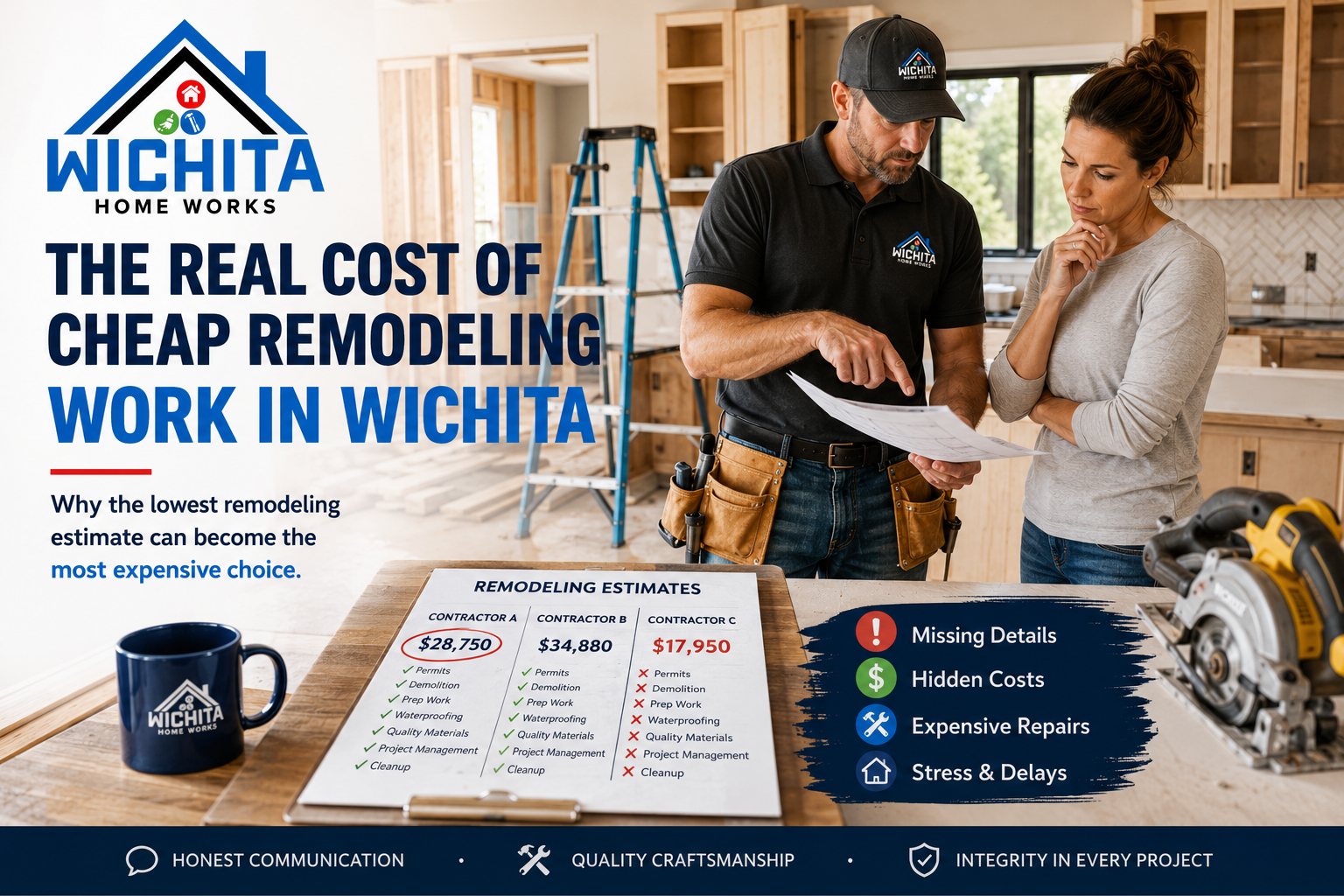 Wichita Home Works featured image for an article about the real cost of cheap remodeling work in Wichita, showing a contractor and homeowner reviewing plans during a kitchen renovation with remodeling tools, unfinished cabinetry, and branded homeowner guidance.