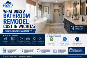 What Does a Bathroom Remodel Cost in Wichita - Wichita Home Works, LLC Infographic cover showing a modern bathroom with bold blue text: 'What does a bathroom remodel cost in Wichita?' and the Wichita Home Works logo at top left.