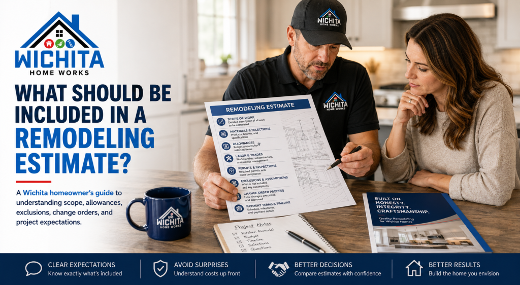 Wichita Home Works remodeling estimate guide graphic showing a contractor and homeowner reviewing a detailed estimate with scope of work, materials, allowances, exclusions, change orders, payment terms, and project expectations.