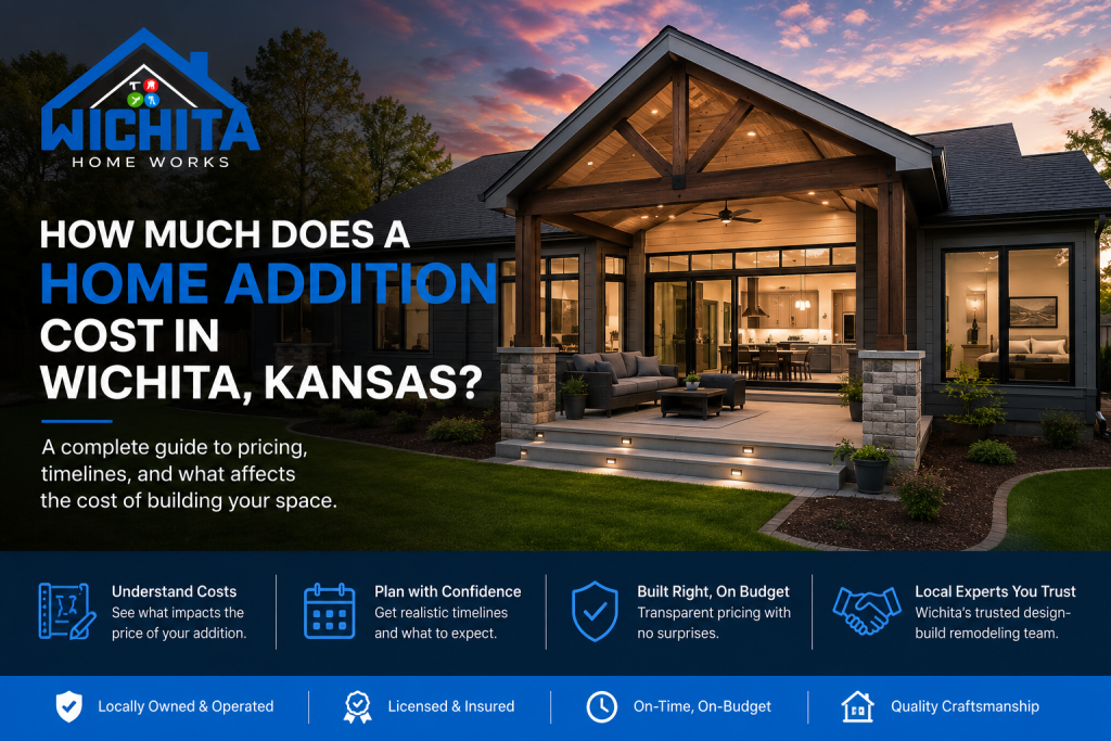 Modern Wichita home addition with covered patio at sunset, featuring the Wichita Home Works logo and home addition cost guide title.