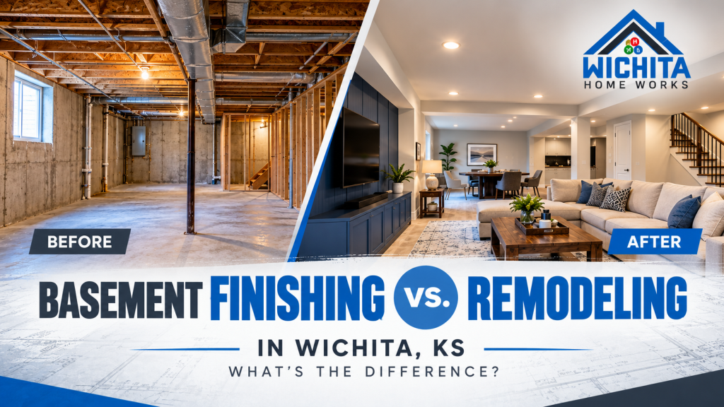 Basement finishing vs. basement remodeling in Wichita, KS, showing an unfinished basement with exposed framing beside a modern finished basement living space.